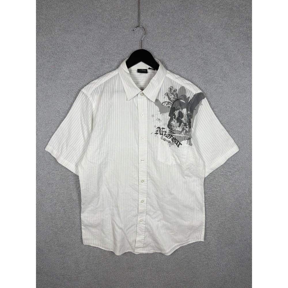 No Fear Button Up Shirt Men's Sz L White Skull Graphic Y2K Short Sleeve Striped